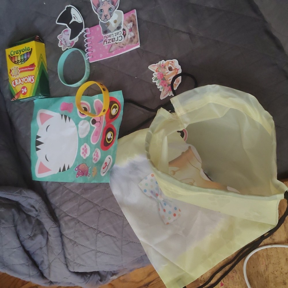Light Blue Drawstring Backpack With Toys For Them To Play And Crayons Stickers